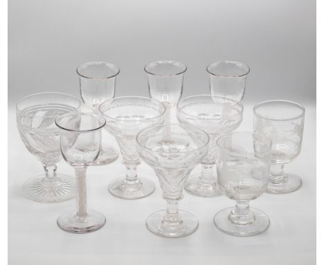 A set of four 18th Century style wine glasses with opaque twist stems, a pair of goblets engraved hunting scenes, a set of th