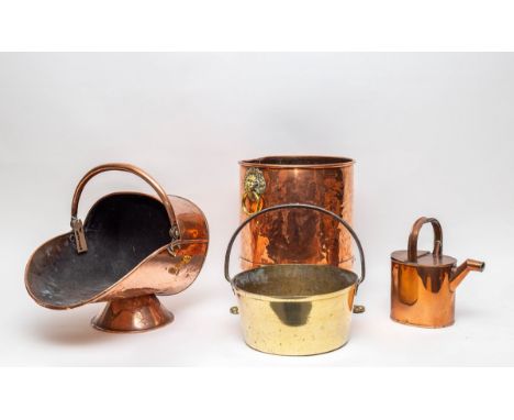 A copper helmet-shaped coal scuttle, a Guernsey hot water can, a jam pan and a cylindrical coal pail CONDITION REPORT: Condit