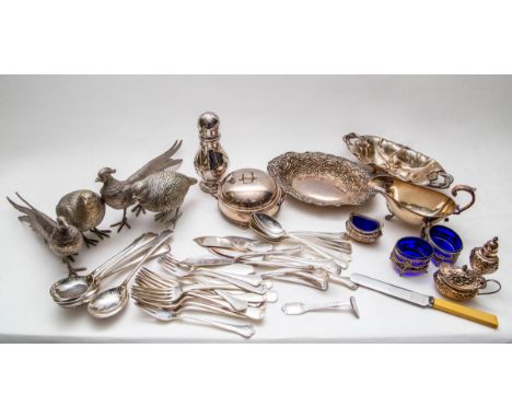 A quantity of WMF fish eaters, assorted plated flatware, plated ware, two silver coloured metal pheasants and a pair of partr