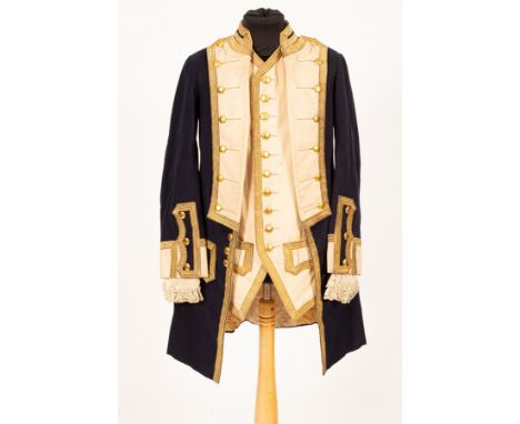 A Naval Captains full-dress jacket and waistcoat, the wool and linen jacket with brass buttons, lace cuffs and heavy gold bra