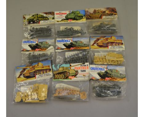 Nine Airfix OO Scale and OO & HO Scale plastic model kits including 3 x Mk VII Churchill; Pz.Kw.V Panther Tank; 2 x Pz.Kw.VI 