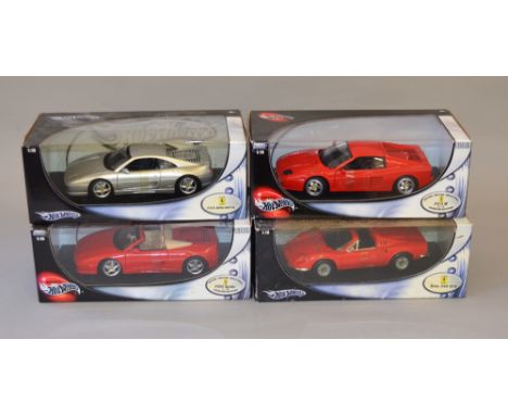 Four Mattel Hot Wheels 1:18 scale diecast ferrari models including: F512 M; Dino 246 GTS; F355 Berlinetta; F355 Spider. All B