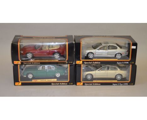 Four 1:18 scale Maisto diecast model vehicles including: Jaguar XK8/ X-Type/ S-Type (1999)/ Mark II 1959. All boxed, overall 