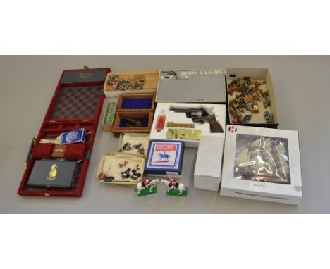 Mixed lot: Masudaya Body Guard '74 Revolver in box (G); Dewars Fine Scotch Whiskey game set; Ducal 'Her Majesty Queen Elizabe