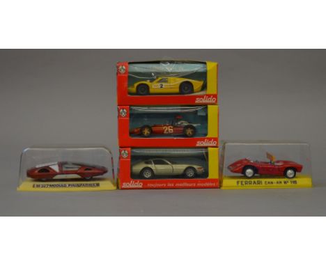 Five diecast model vehicles including: 3x Solido - Ford Mark IV; Ferrari V12 F.1; Ferrari Daytona; Pilen M 327; Joal Ferrari 
