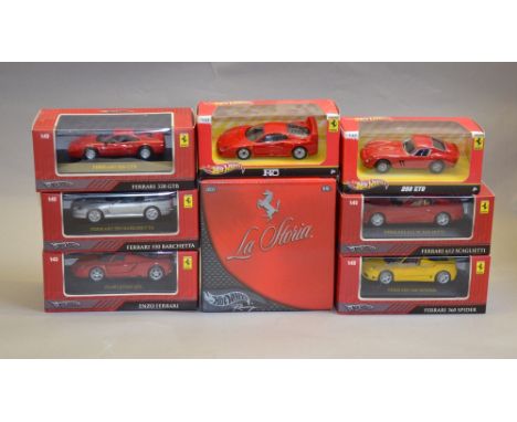 Eight Mattel Hot Wheels diecast model vehicles including: F40; 250 CTO; Enzo Ferrari; Ferrari 328 GTB etc. All boxed, overall