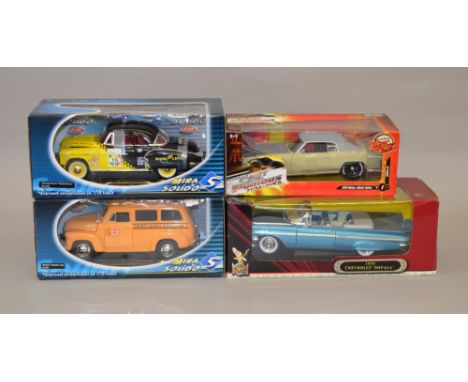 Four 1:18 scale diecast model vehicles including: 2x Solido  Chevrolet Bel Air 1950 "Panamericaine" / Chevrolet Suburban 1950