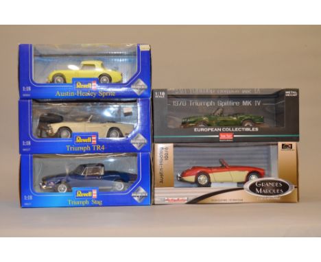 Five 1:18 scale diecast model vehicles including: 3x Revell Triumph Stag/ Triumph TR4/ Austin-Healey Sprite; Grandes Marques 