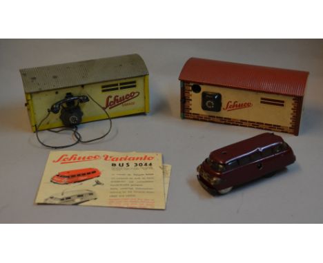 Two Schuco Garage models: Schuco Magico 500, cream and red/brown building, green twin doors, length 15cm (G, missing telephon