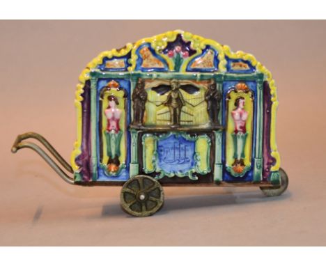 Mecal (Switzerland) Fairground Organ Music Box: metal frame with clockwork music box to interior, and colourful ceramic front