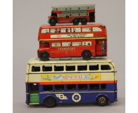 Three Tinplate Bus Models: Hayashi (Japan) Double Decker Bus, tinplate friction drive model, length 20.5cm (F); Brimtoy Pocke