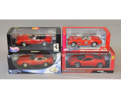 Four 1:18 scale Mattel Hot Wheels diecast ferrari model vehicles including: 250 GT California; 458 Italia; 365 GTS/4; 365 GTB