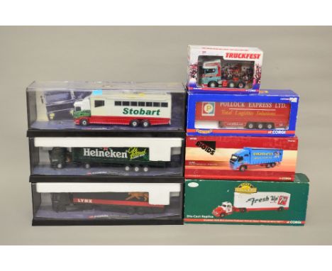 Four assorted 1:50 scale Corgi boxed diecast including: CC13522 Volvo FM Curtainside Lorry - Knights of Old;  CC19905 Curtain