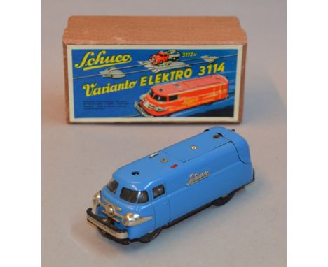 Schuco Varianto Elektro Express 3114: tinplate battery operated model in blue with headlights and 'Schuco' to sides, length 1
