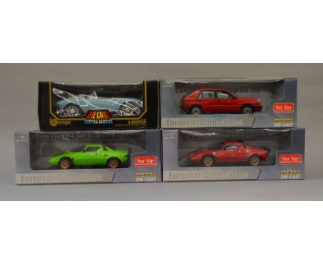 Four 1:18 scale diecast model vehicles including: 3x Sun Star 3102/ 4522/ 4521; Burago Lancia Aurelia B24 Spider 1955. All bo