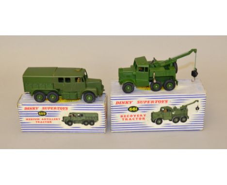 Dinky Toys Military Pair. No. 661 Recovery Tractor VG in G box & No. 689 Medium Artillery Tractor. Paint loss to roof & left 