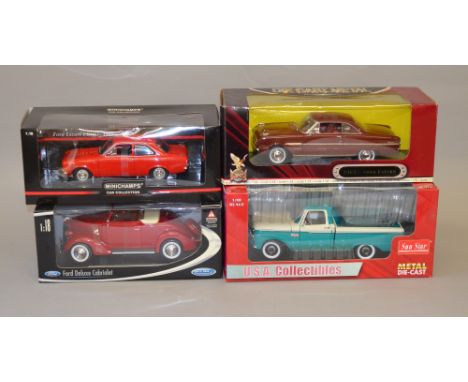 Four 1:18 scale diecast model vehicles including: Mini Champs Ford Escort RHD 1968; Sun Star 1965 Ford F-100; Yat Ming 1963 F