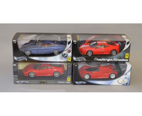 Four 1:18 scale Mattel Hot Wheels diecast Ferrari model vehicles including: 612 Scaglietti; Ferrari F430; 333 SP; Challenge S