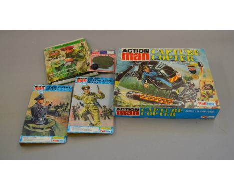 Quantity of Palitoy Action Man accessories: Palitoy Action Man Captain Copter, boxed with slight creases, overall VG, content