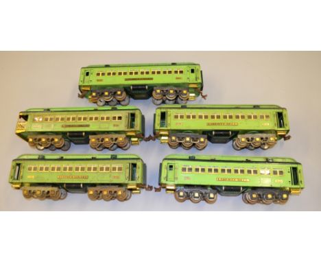 Lionel Standard Gauge:- 5 x 12 wheel coaches with internal lighting. Two tone green livery. Comprises 2 x No. 425 "Stephen Gi