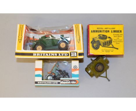 Three boxed, Britains models: Cat. No. 9679 German Dispatch Rider Motor Cycle, some damage to cellophane on the box, plastic 