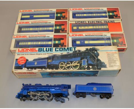 O Gauge, Lionel. Diecast 4-6-4 Steam Engine & Tender 8801 Blue Comet. Together with 6 x Blue Comet named passenger coaches. O