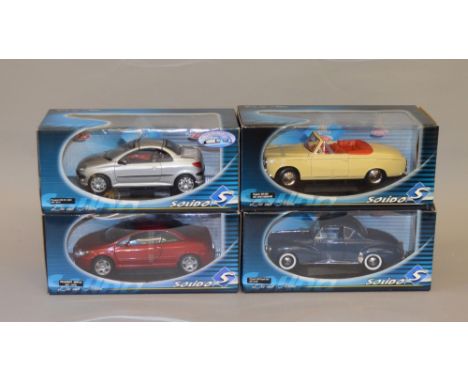 Four Solido 1:18 scale diecast model vehicles including: Peugeot 206 CC-2001/307 CC/ 403 1964/ 203 Coupe-1954. All boxed, VG 