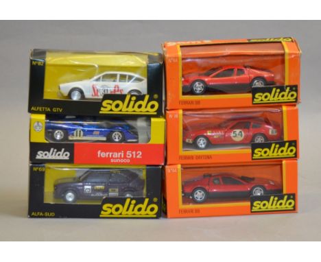 Six Solido diecast model vehicles including: Ferrari 512; Ferrari BB; Alfa-Sud; Alfetta GTV etc. All boxed and overall G-VG (