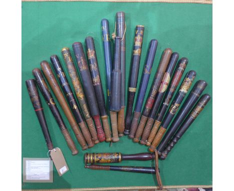 A collection of eighteen Police and Railway truncheons, including William IV, Great Railway, Victoria, William IV Metropolita