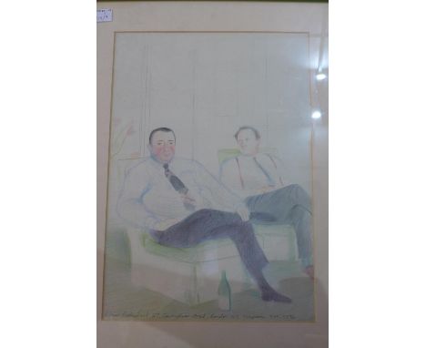 A collection of six prints, to include a print of two men sitting in Odin's Restaurant in the style of David Hockney 44 x 31c