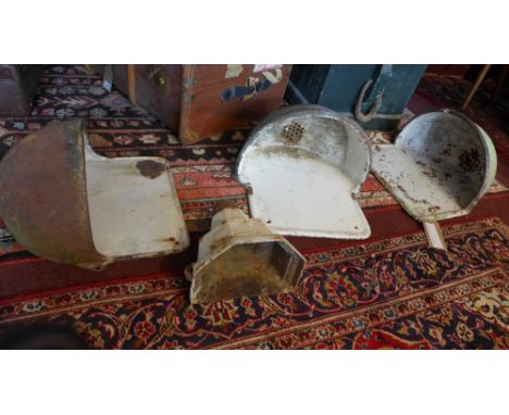 Three large enamel cast iron wall mounted planters, H.57 W.43cm (largest), together with a cast iron water hopper, (4) 