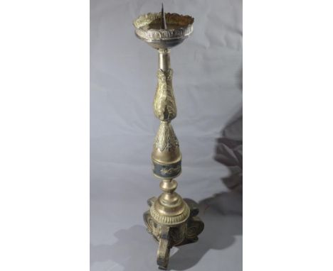 A 19th century Neo Classical style silver plated altar pricket stick, raised on scroll feet, H.80cm 