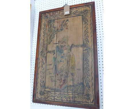 An early 20th century Chinese hardwood panel, hand painted with Lohan and other figures, 98x61cm 