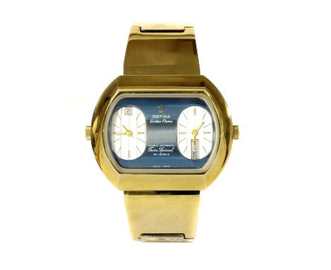 A gentlemen's gold-plated Orfina 'Golden Flame Twin Special' automatic bracelet watch, blue dial with twin silvered dials to 