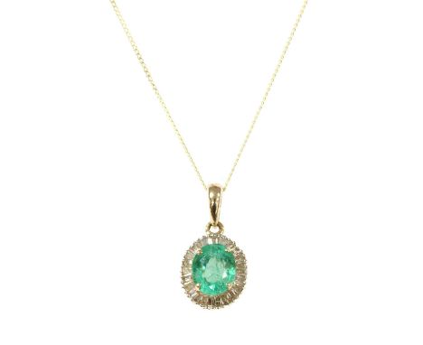 A gold emerald and diamond cluster pendant, with an oval mixed cut emerald, approximately 6 x 5mm, claw set to surround of ta