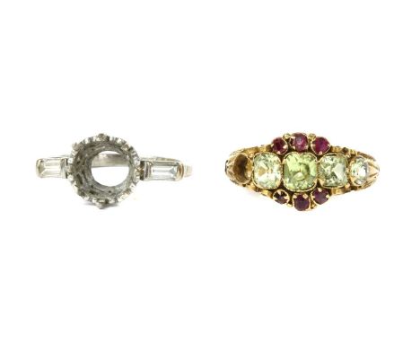 A Victorian 15ct gold chrysoberyl and ruby ring, a row of cushion and circular mixed cut chrysoberyls, one deficient, claw se