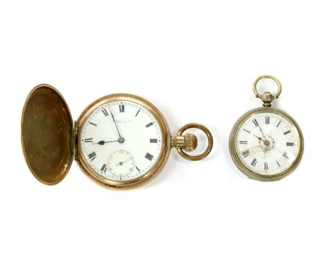 A rolled gold side wind hunter pocket watch, 50mm diameter with a white enamel dial signed Thomas Russell and Son Liverpool, 