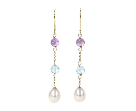 A pair of gold cultured freshwater pearl, blue topaz and amethyst drop earrings, a pear shaped cultured freshwater pearl, a s