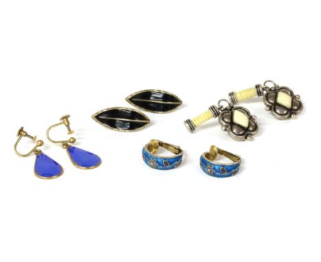 A pair of Norwegian silver gilt blue enamel drop earrings, by Ivar T Holth, marked 835, sterling Norway, with screw fittings,