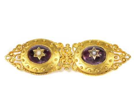 A gold amethyst and split pearl brooch, a pair of oval cabochon amethysts, with split pearls grain set to a star collet appli