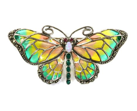 A silver plique-à-jour enamel butterfly brooch, with orange, yellow and green plique-à-jour enamel and marcasite set wings, g