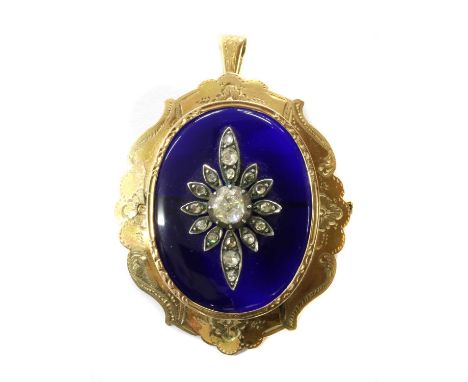 A gold glass and diamond pendant/brooch, an oval cobalt blue Bristol glass plaque, possibly a later replacement, with a rose 