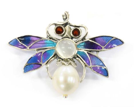 A silver plique-à-jour enamel and assorted gemstone bee brooch/pendant, a cultured freshwater pearl abdomen, with a bell cap 