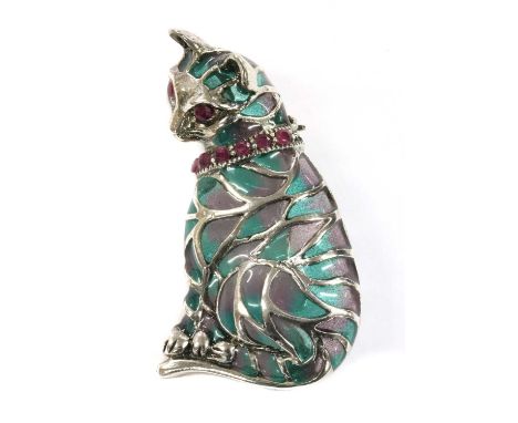 A silver plique-à-jour enamel and ruby cat brooch/pendant, with green and red plique-à-jour enamel to the body, to ruby set e