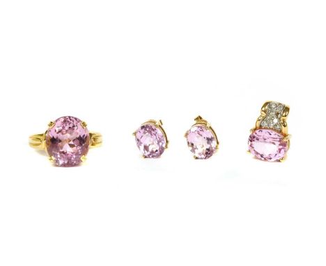 A gold kunzite ring, earrings and pendant matched suite, the 9ct gold ring with an oval mixed cut kunzite, approximately 14.2