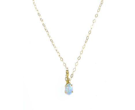 A gold synthetic opal and diamond pendant, an oval cabochon synthetic opal, claw set and surmounted by an eight cut diamond, 