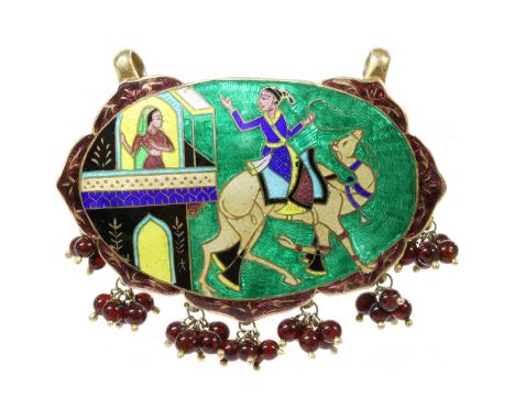 A Persian silver gilt champlevé enamel pendant, glass bead tassels suspended from the bottom, with two suspension loops, 57 x