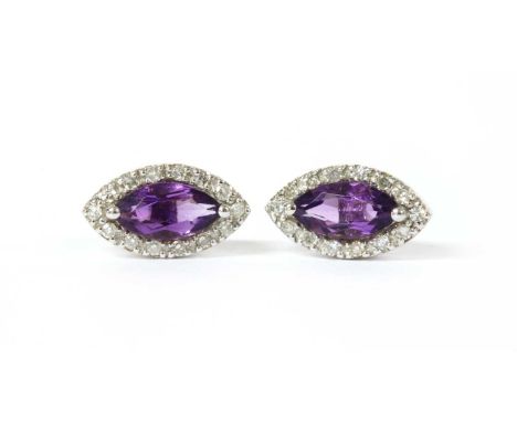 A pair of 9ct white gold amethyst and diamond halo cluster earrings, a marquise cut amethyst, claw set to surround of eight c