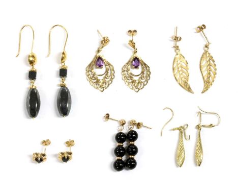 A quantity of gold earrings, to include a pair of amethyst drop earrings with post and butterfly fittings, a pair of single s