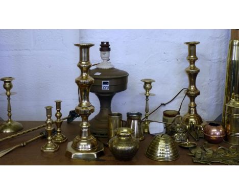 Victorian brass candle sticks, reproduction table lamp base \7 brass shell case etc.
